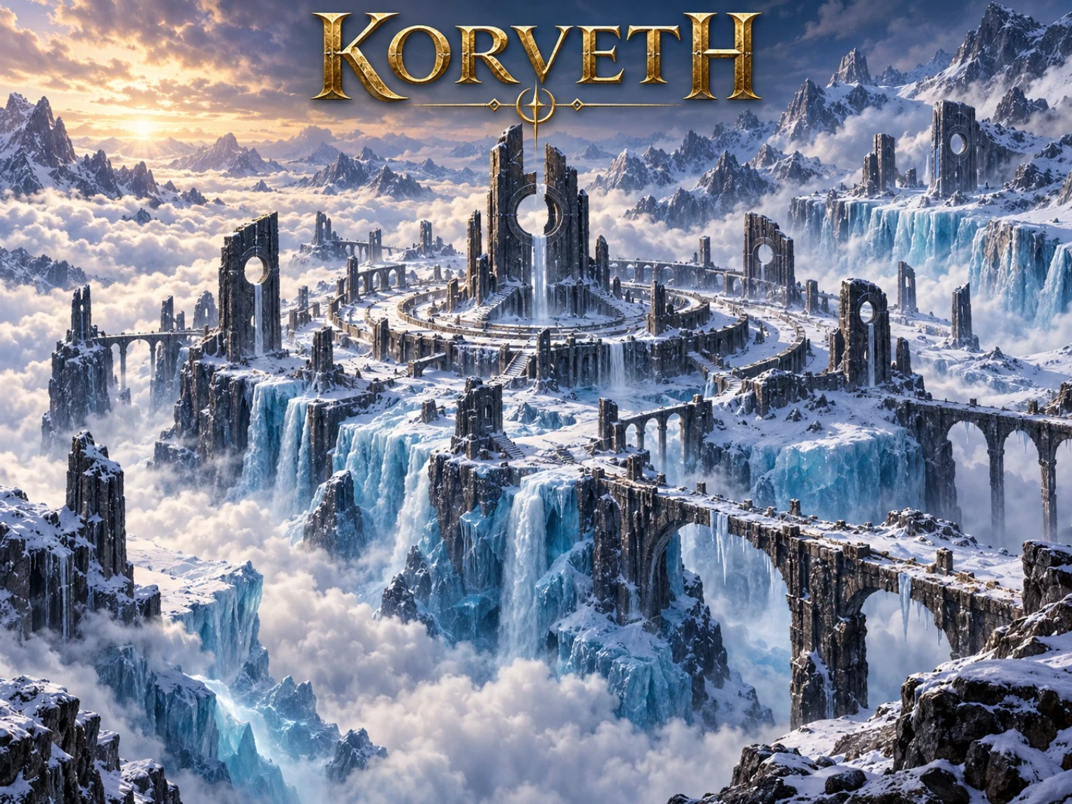 An icy circular citadel with broken towers and arched bridges stands above blue frozen cliffs and clouds.
