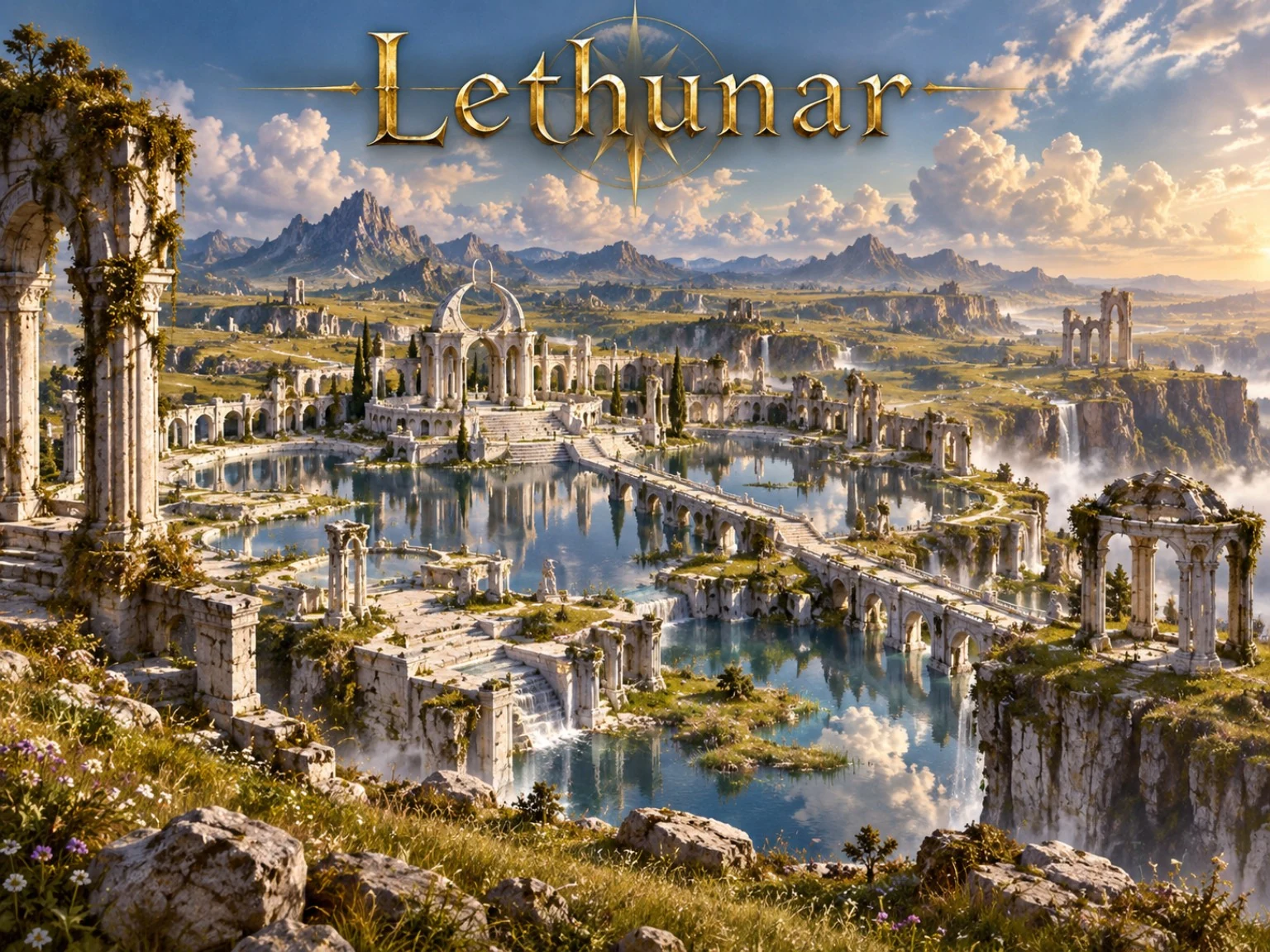 Pale stone columns, ruined arches, and bridges surround clear pools beneath distant mountain peaks.