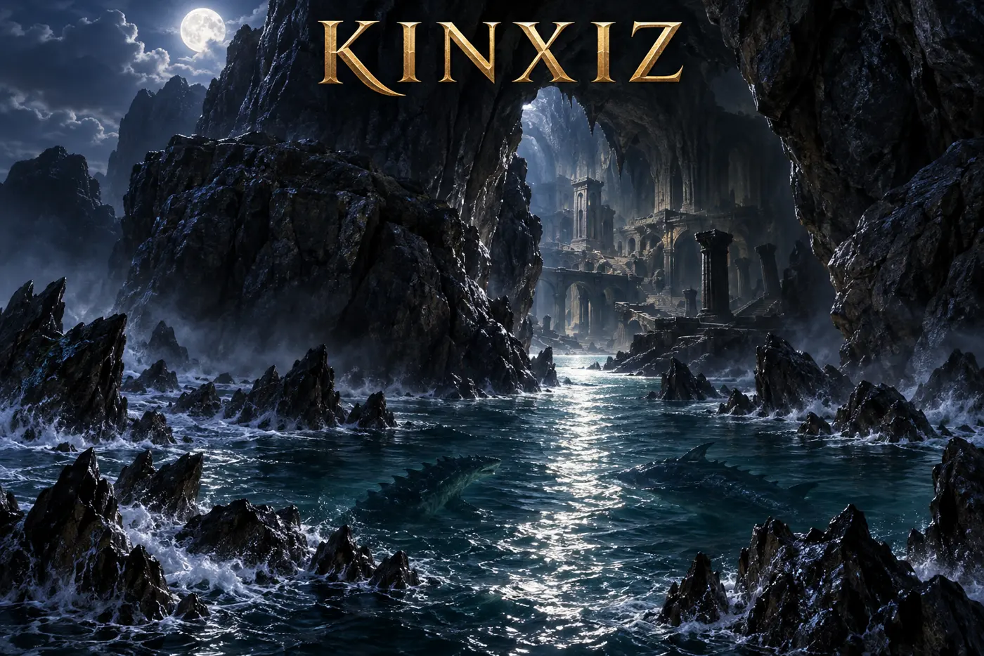 Moonlight illuminates the ruins of Kinxiz above dark water.