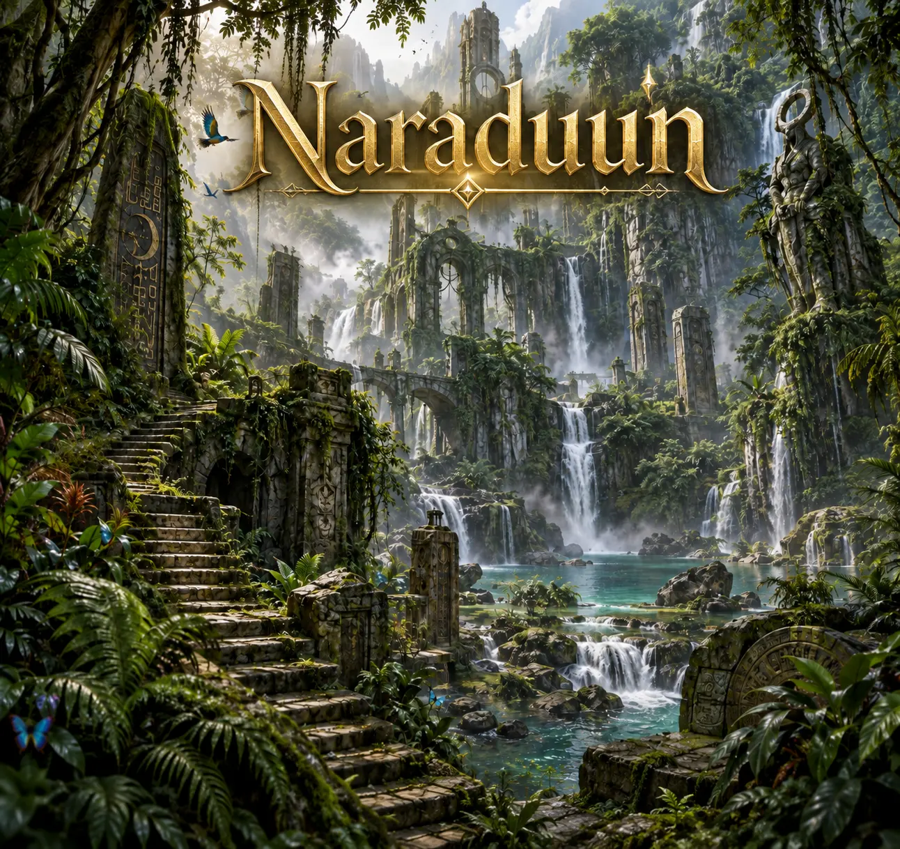 Ancient Naraduun ruins rise among jungle foliage and cascading waterfalls.