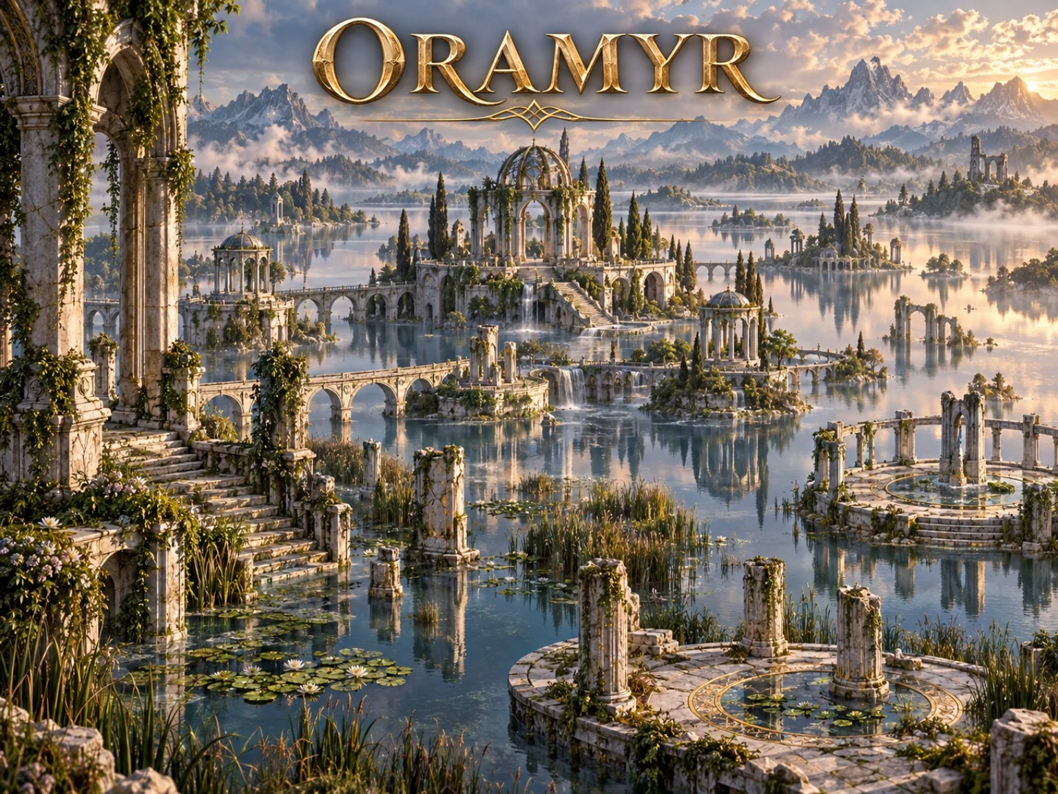 Overgrown stone towers, ruined arches, and columns rise from a clear lake surrounded by snowy mountains.