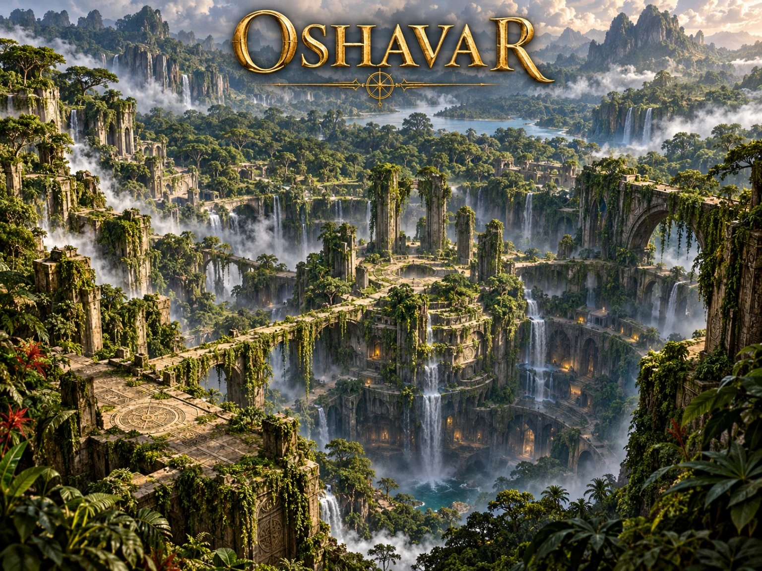Overgrown towers and ancient stone bridges span a lush jungle valley filled with waterfalls.