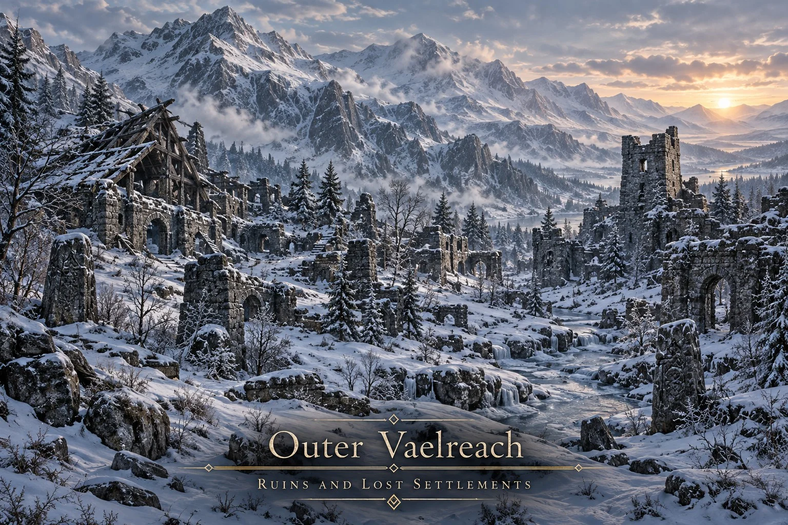 Snow blankets crumbling stone towers, ruined walls, and broken arches in a pine-lined mountain valley.