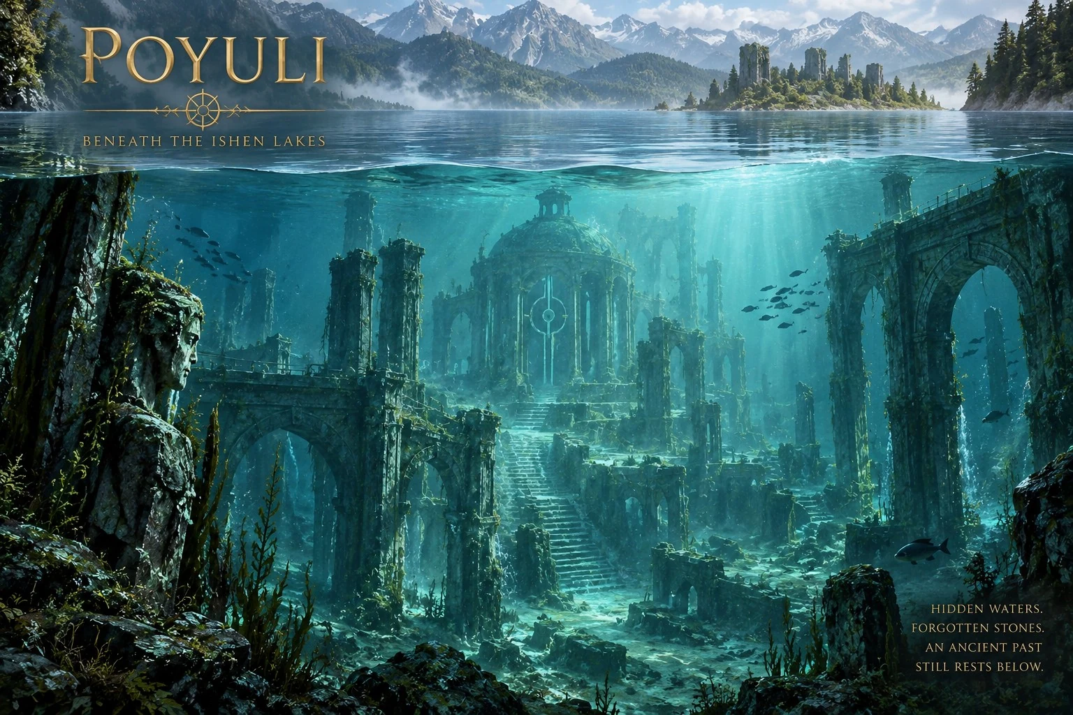 Submerged towers, columns, and arches stand beneath clear turquoise lake water, with mountains along the far shore.