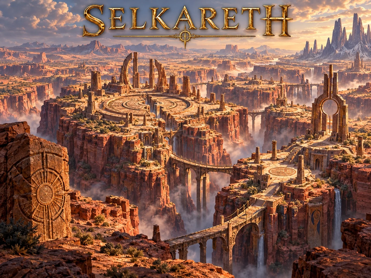 Circular stone plazas, broken towers, and high bridges stretch across red cliffs above a mist-filled canyon.