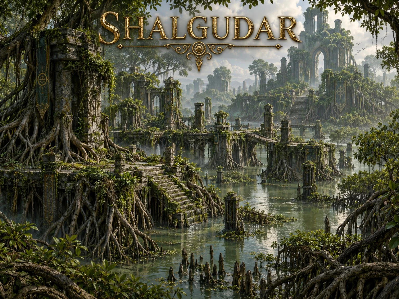 Overgrown stone ruins, archways, and towers emerge from jungle roots beside still green water.