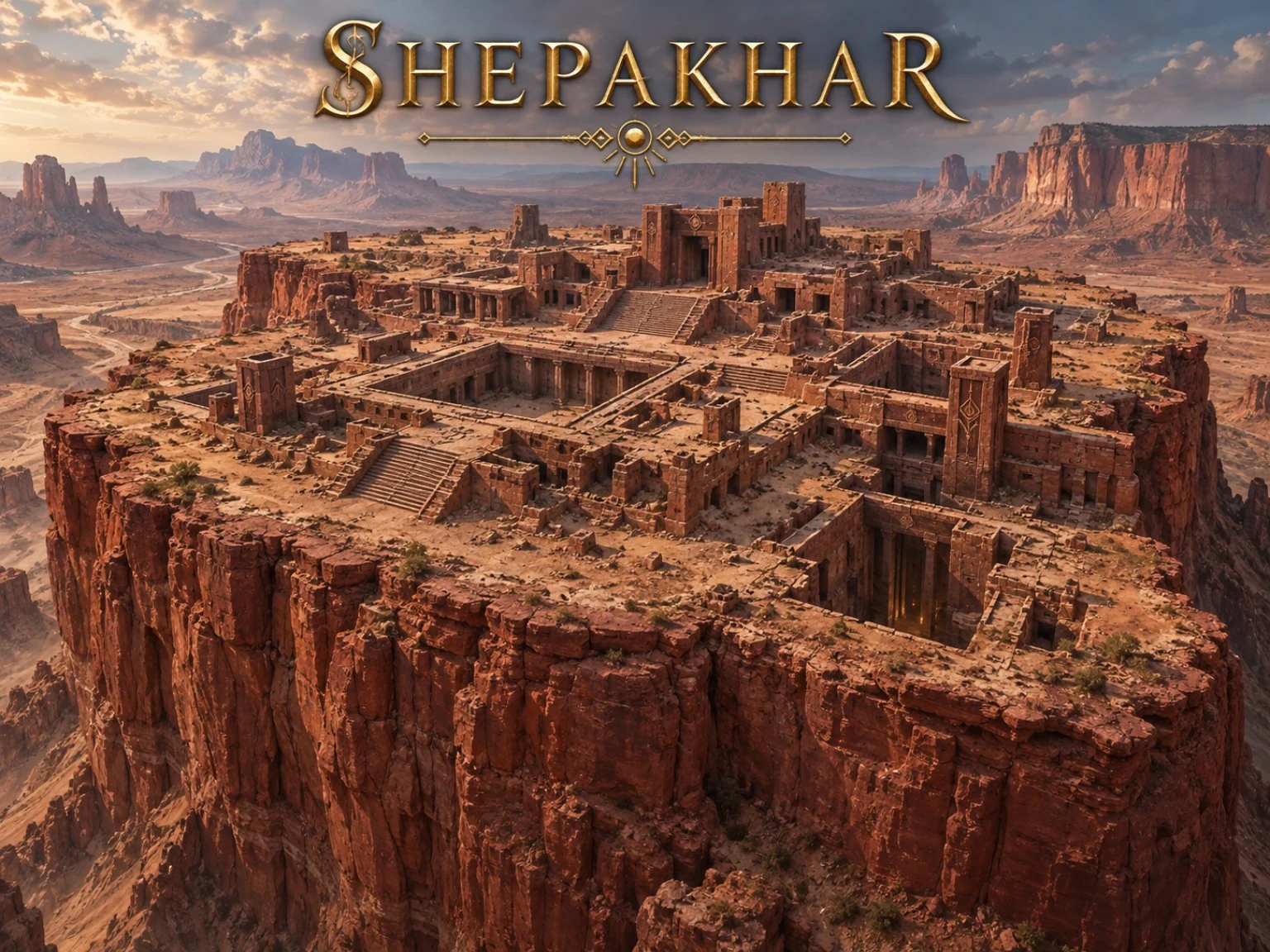 Red stone ruins and terraced courtyards crown a sheer desert plateau above a deep canyon.