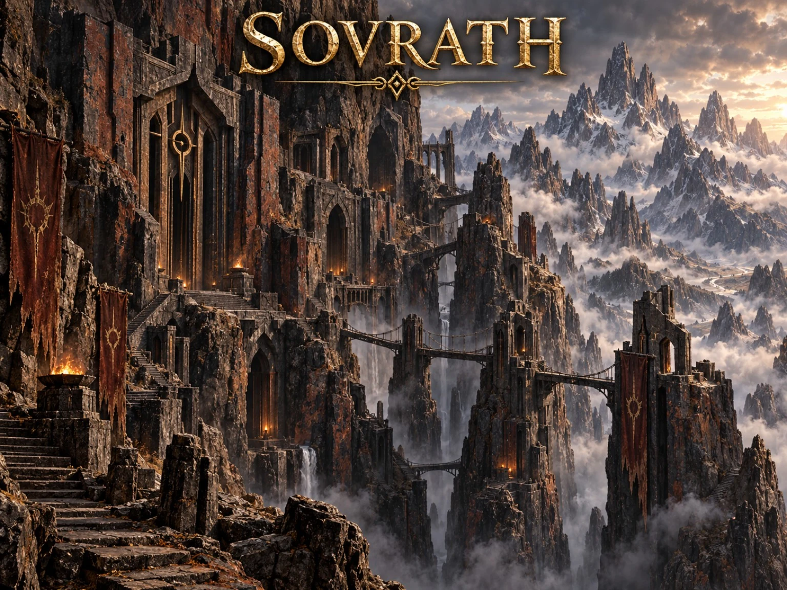 Dark ruined towers and stairways cling to jagged cliffs above a mist-filled mountain gorge.
