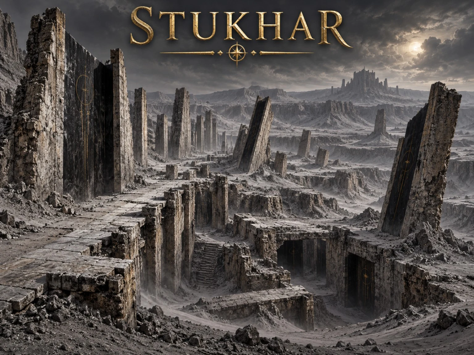 Tall fractured pillars and ruined stone platforms rise above a barren rocky landscape beneath storm clouds.