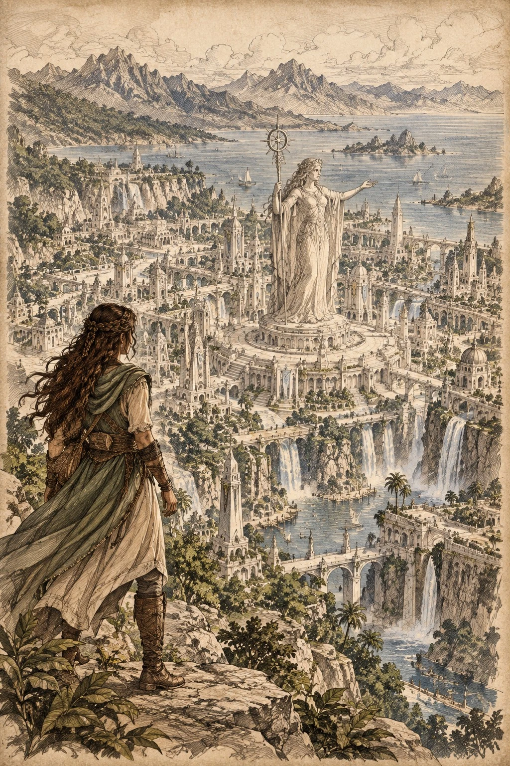 Taryn Solah surveys a sprawling ruined city with a monumental statue, waterfalls, and a mountain-lined bay.