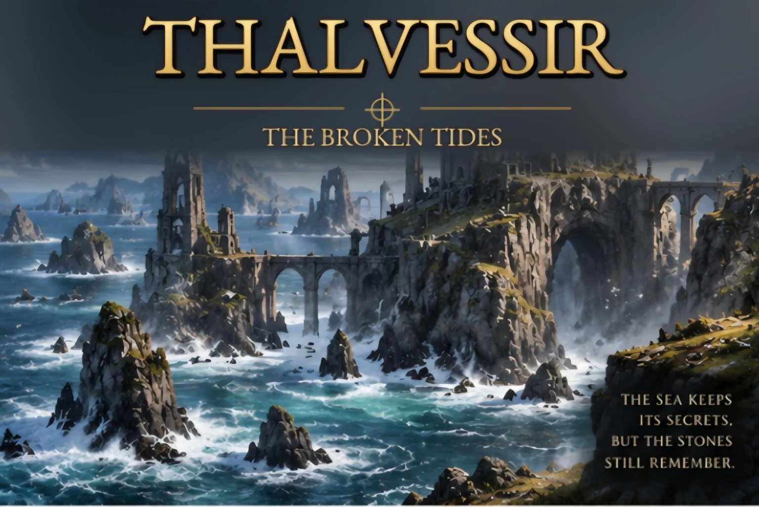 Broken stone towers and bridges rise from sea cliffs above crashing waves and cascading waterfalls.