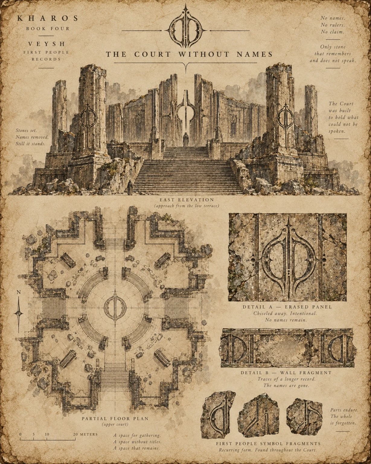 Sepia architectural plate showing a ruined court, its stairway and floor plan, carved fragments, and ancient inscriptions.