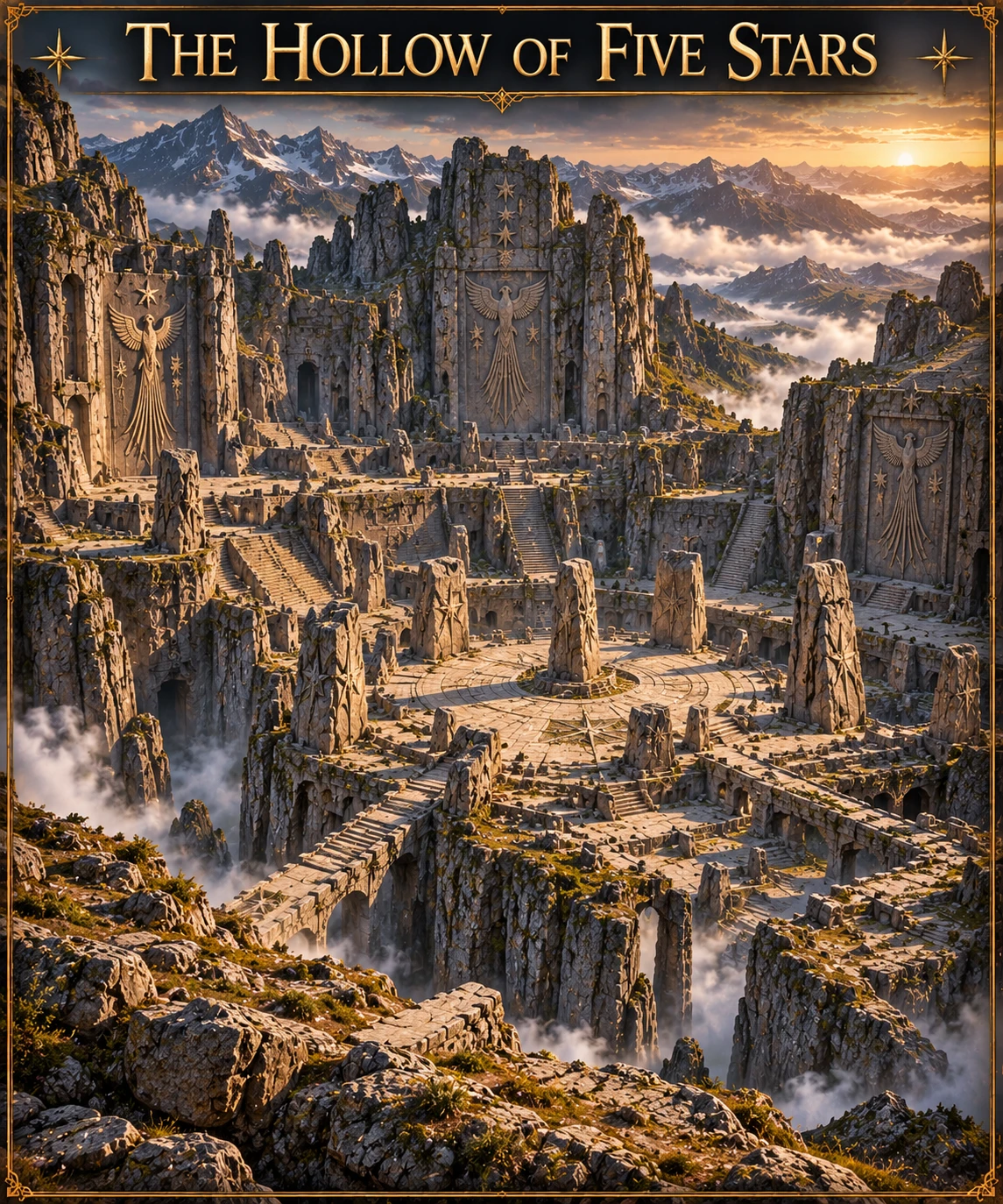 Towering ruined stone halls and terraces surround a deep hollow with waterfalls in a mountainous landscape.