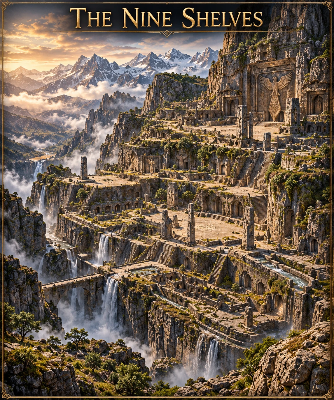Terraced mountain ruins with broken stone halls, stairways, and waterfalls beneath snowy peaks.