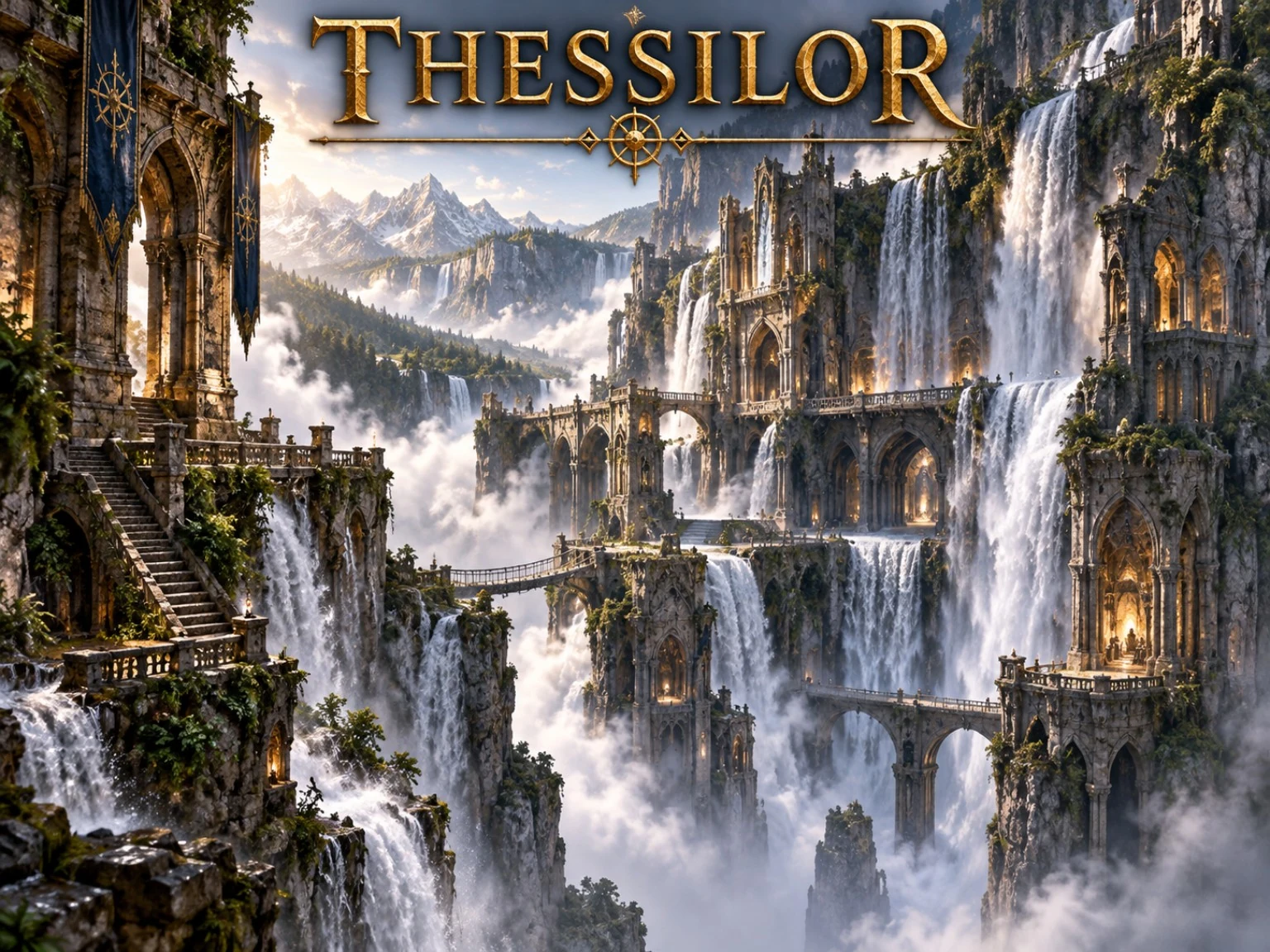 Ruined cliffside towers and arched bridges rise beside immense waterfalls in misty mountains.