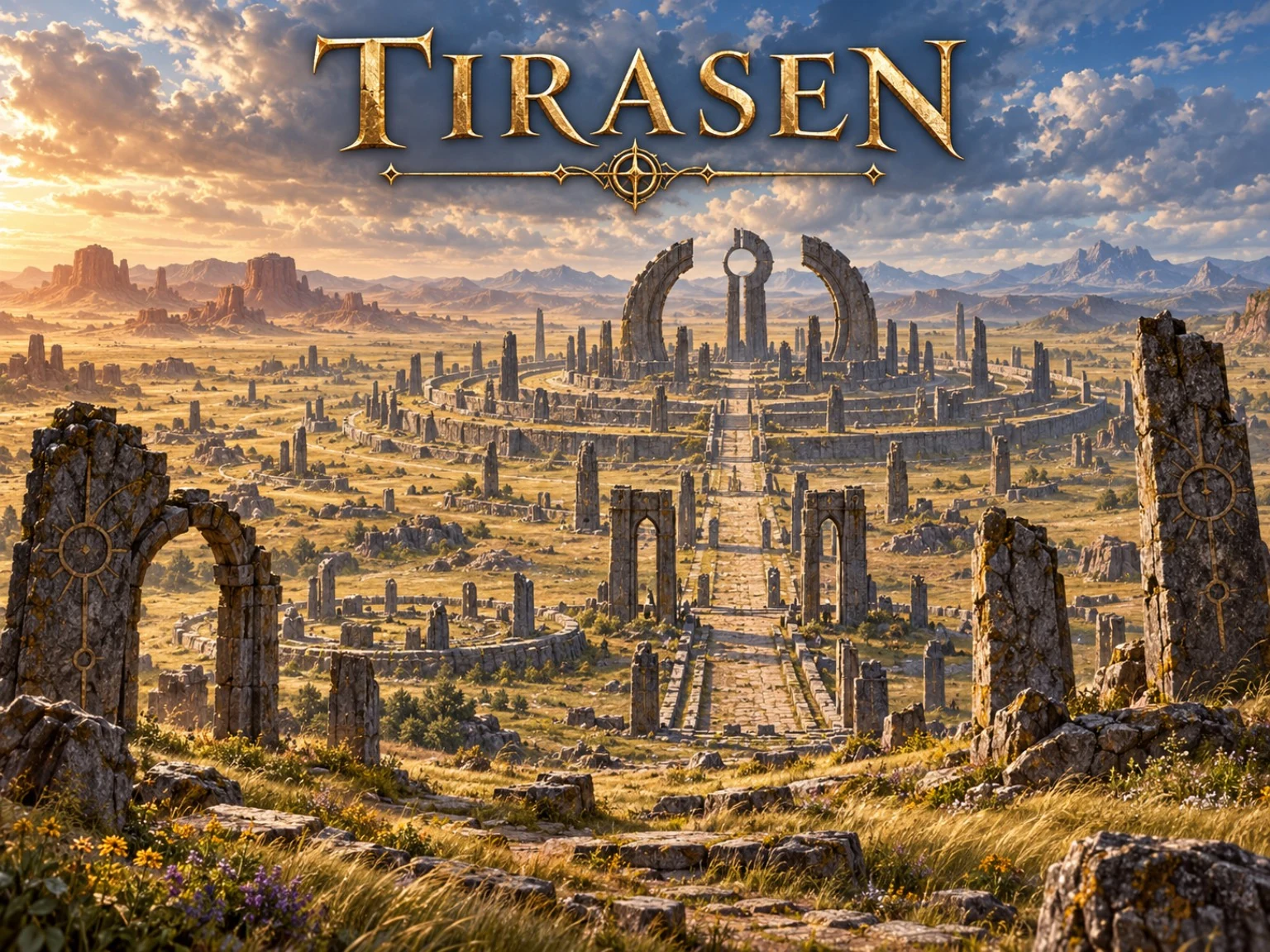 Broken stone arches and concentric rings of ancient pillars spread across a sunlit grassy plain.