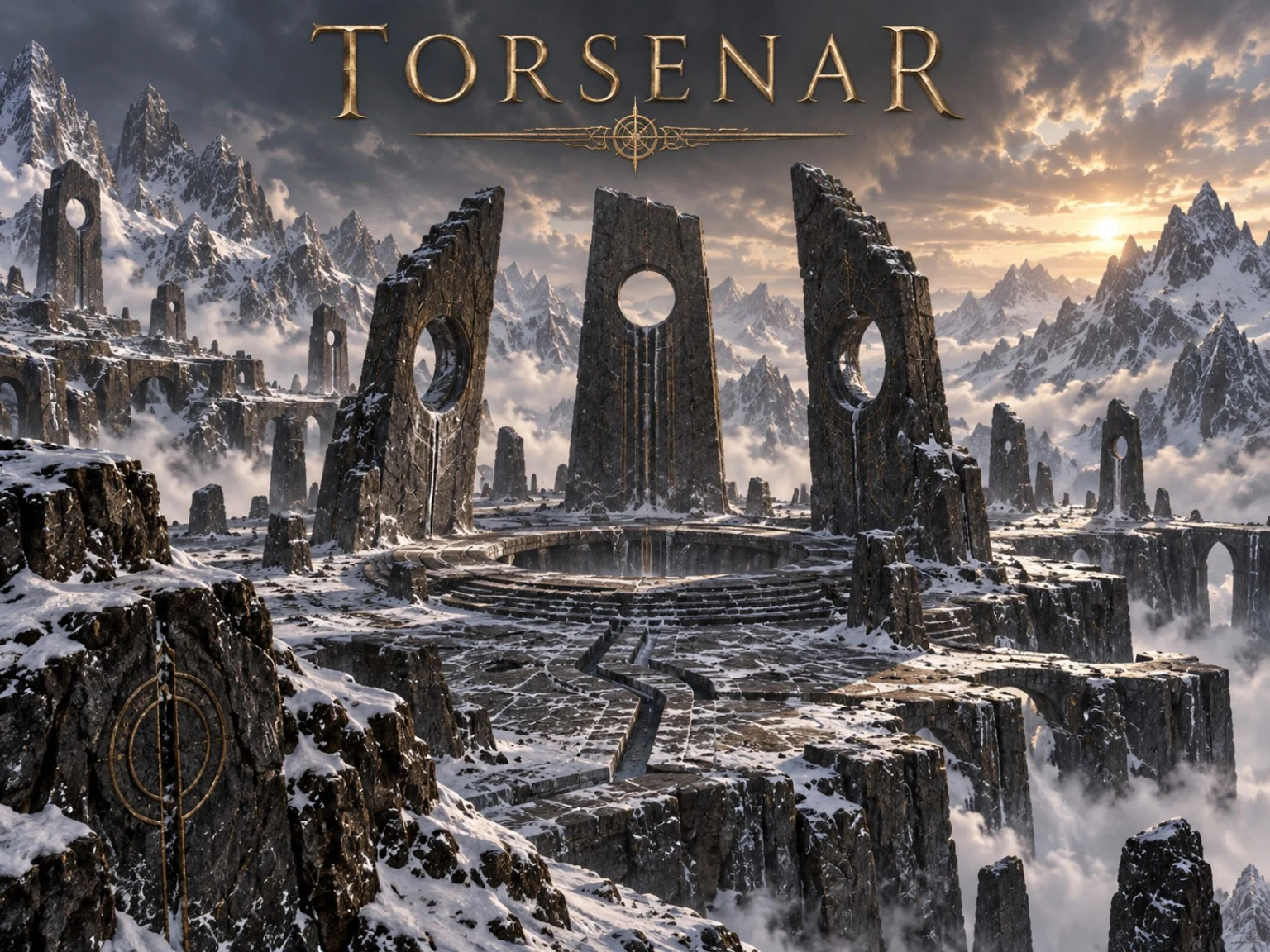 Snow-dusted ruins and towering stone slabs with circular openings stand among jagged mountain peaks.