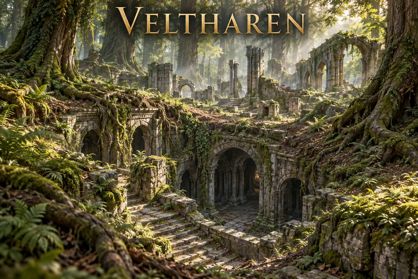 Tree roots and moss cover the ruins of Veltharen beneath the forest canopy.