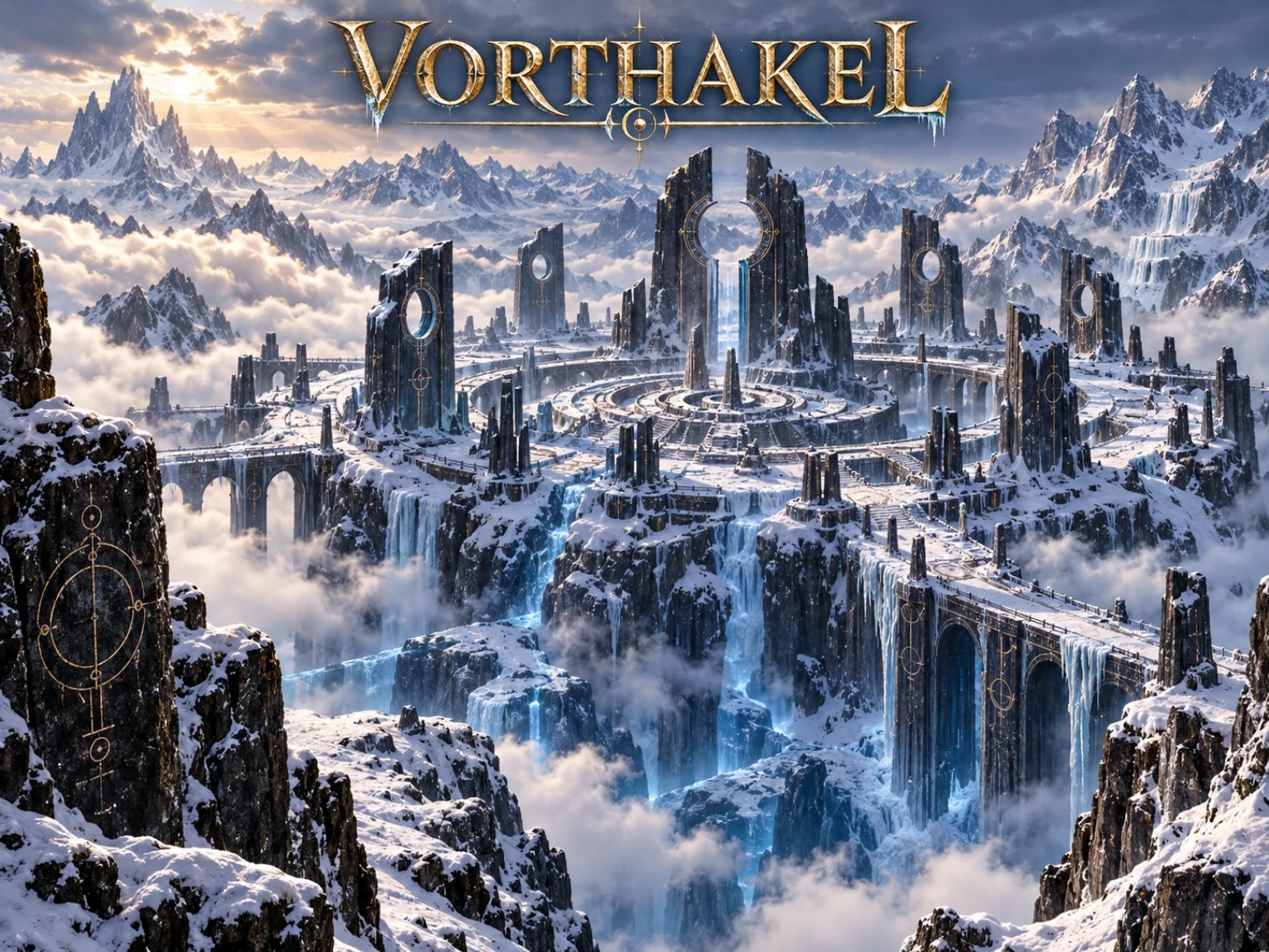 Snow-covered towers, circular ruins, and high stone bridges span icy cliffs beneath jagged mountains.
