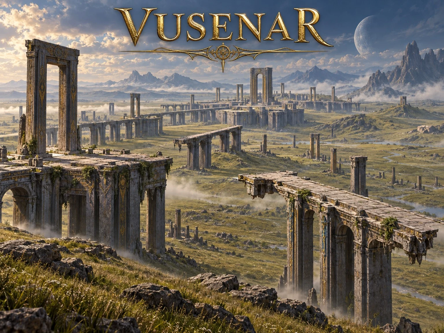 Weathered stone pillars, elevated walkways, and monumental ruins stretch across an open plain beneath distant mountains.