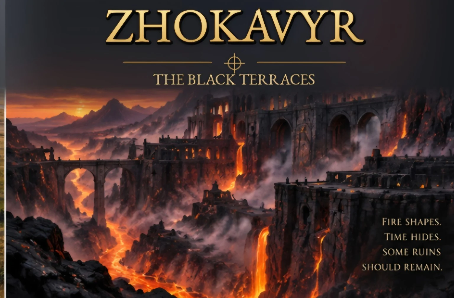 Ruined towers and black stone terraces overlook glowing lava flows in a volcanic canyon.