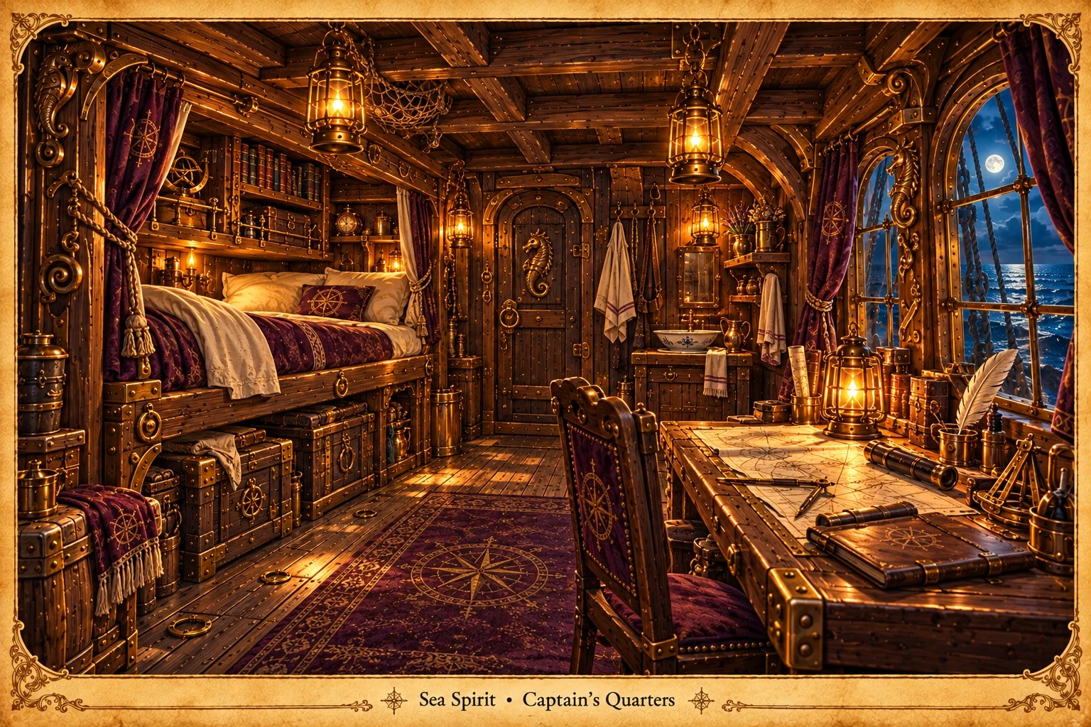 The Sea Spirit’s captain’s quarters, with a curtained bunk, writing desk, books, and warm lanterns beside sea-facing windows.