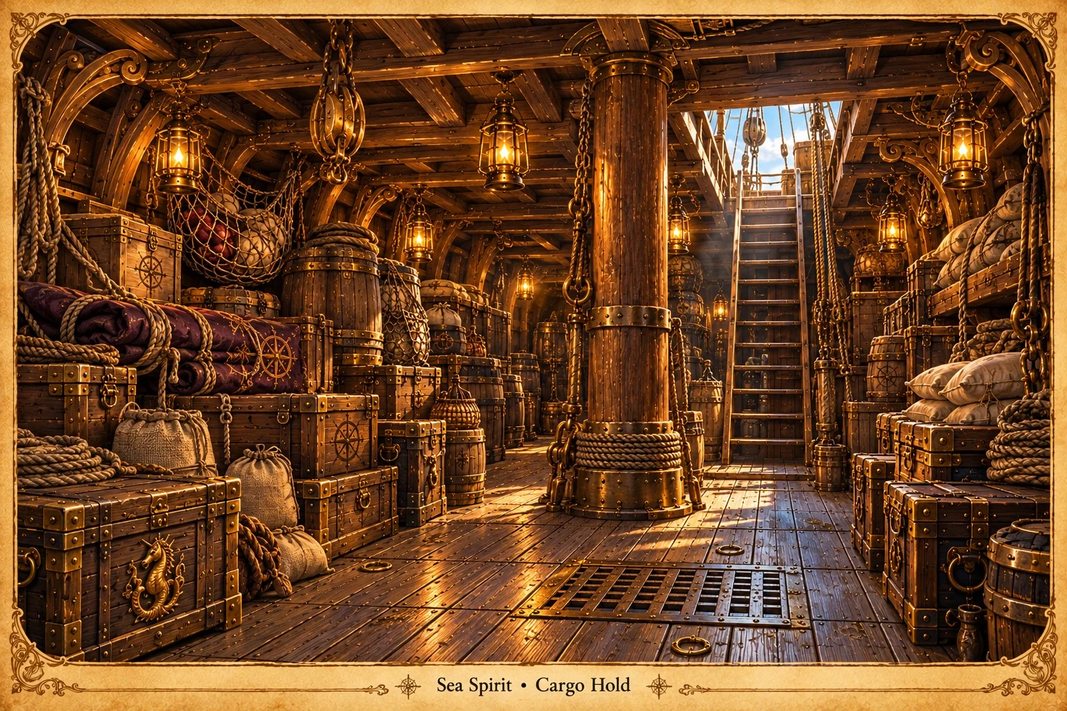The Sea Spirit’s wooden cargo hold filled with barrels, crates, sacks, and coiled rope beneath a deck hatch.