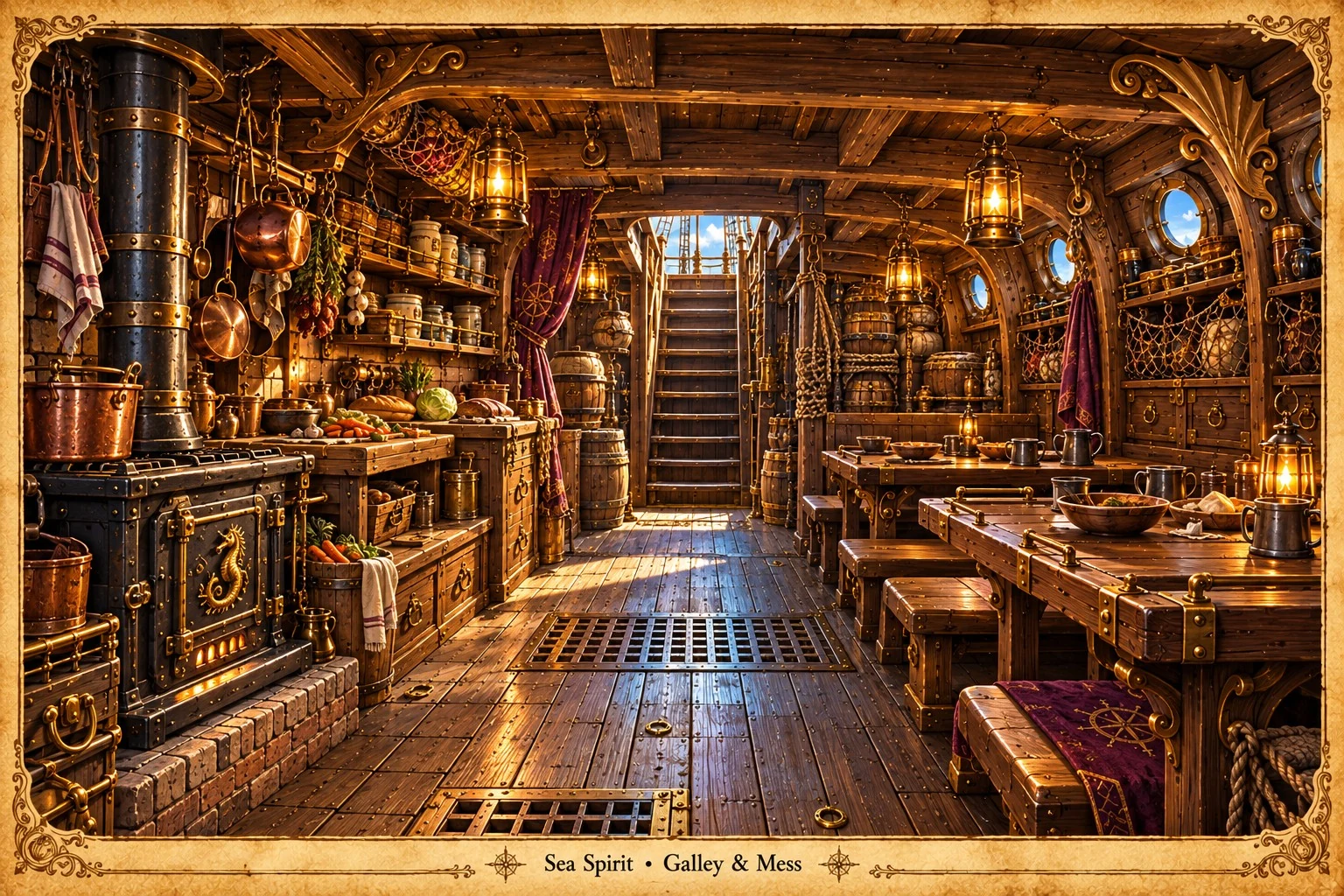 The Sea Spirit’s lantern-lit galley and mess, with cooking pots, provisions, wooden tables, and benches.