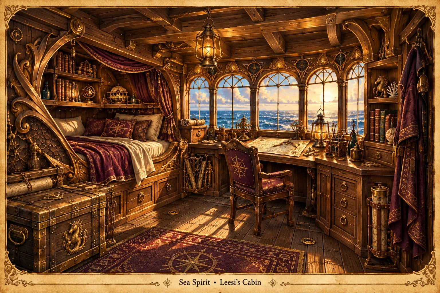 Leesi’s wood-paneled cabin aboard the Sea Spirit, with a curtained bunk, writing desk, charts, and windows overlooking the sea.