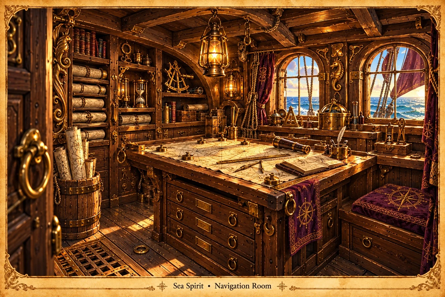 Charts and navigation instruments cover a broad desk in the Sea Spirit’s lantern-lit navigation room.