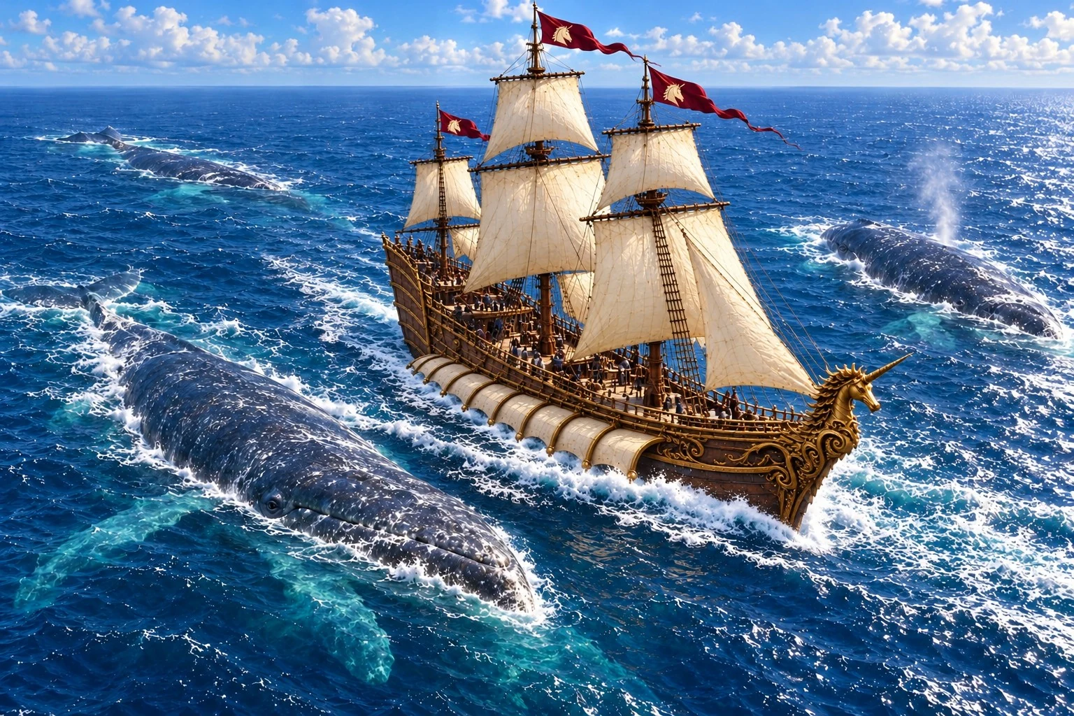 Sea Spirit sails across bright blue open water with cream sails, red pennants, and a foaming wake.