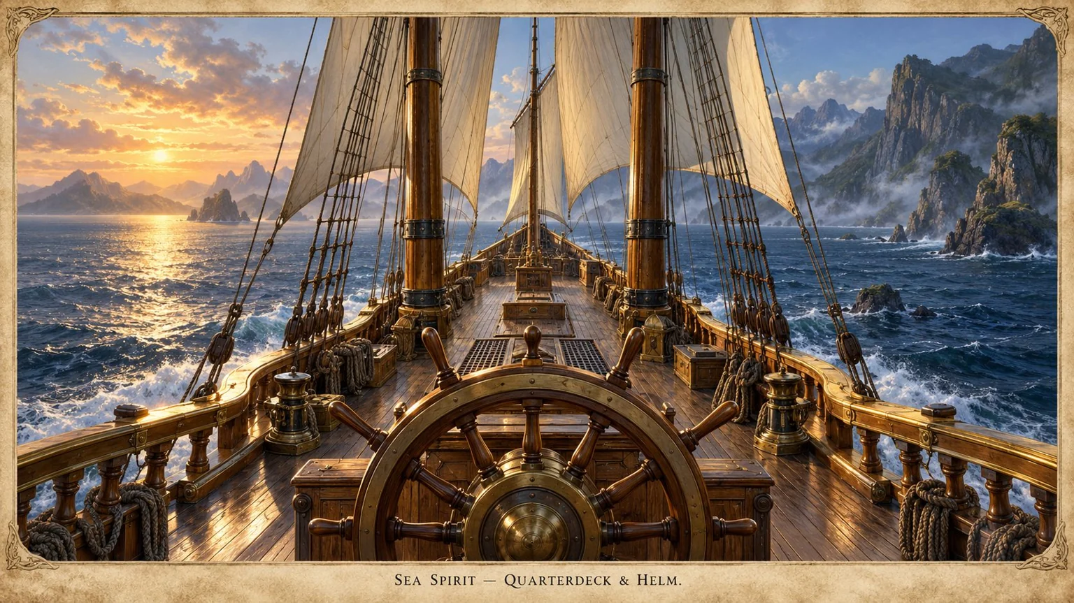 A wooden helm stands on the quarterdeck of the Sea Spirit beneath tall sails at sunset.