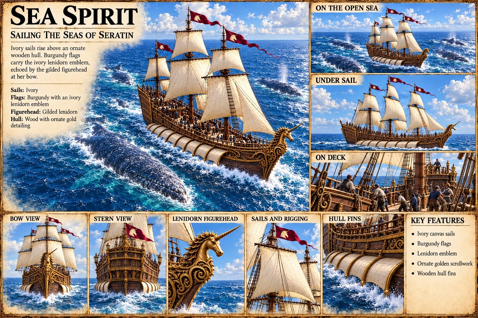 Ship reference sheet showing Sea Spirit under sail, with deck, stern, bow, figurehead, and rigging studies.