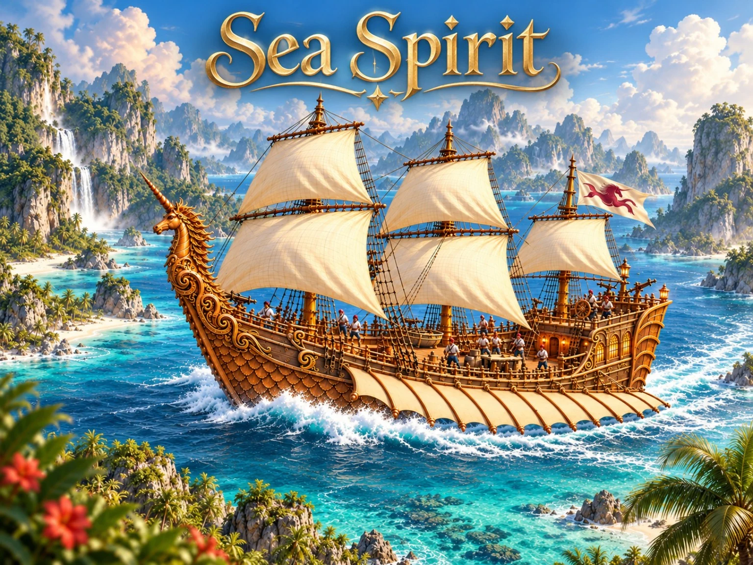 The golden Sea Spirit sails through turquoise water beneath white sails, surrounded by tropical islands and waterfalls.
