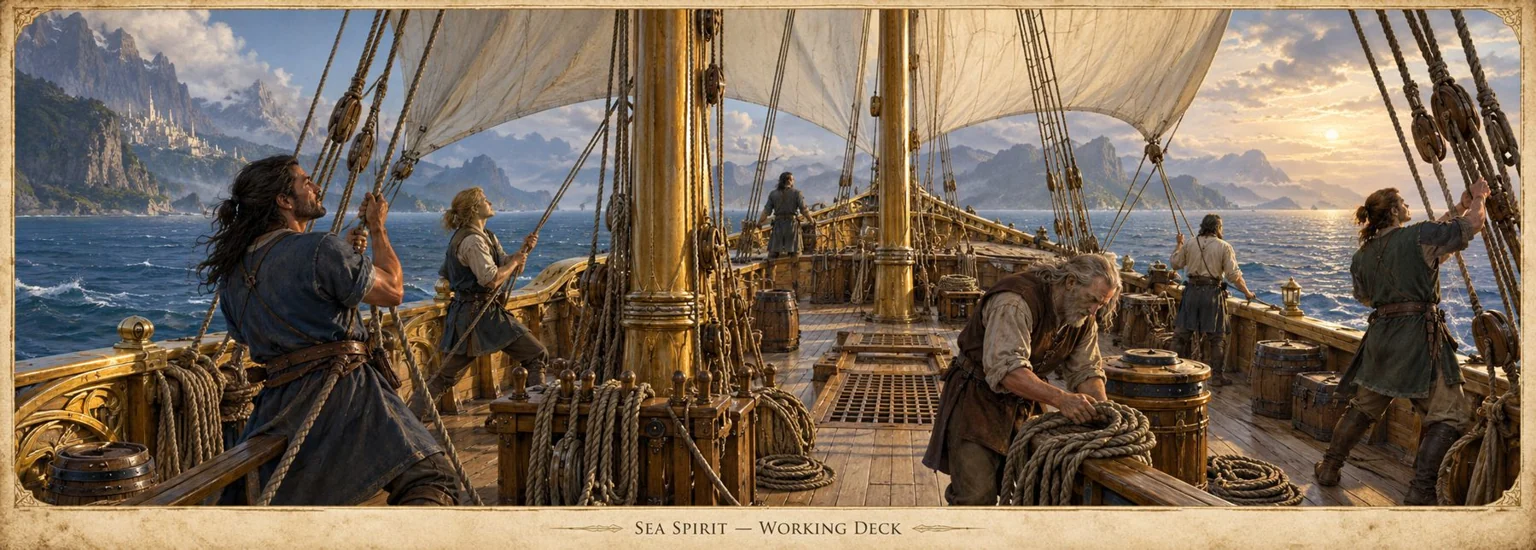 Crew members tend ropes and work on the sailing ship’s deck near a mountainous coast.