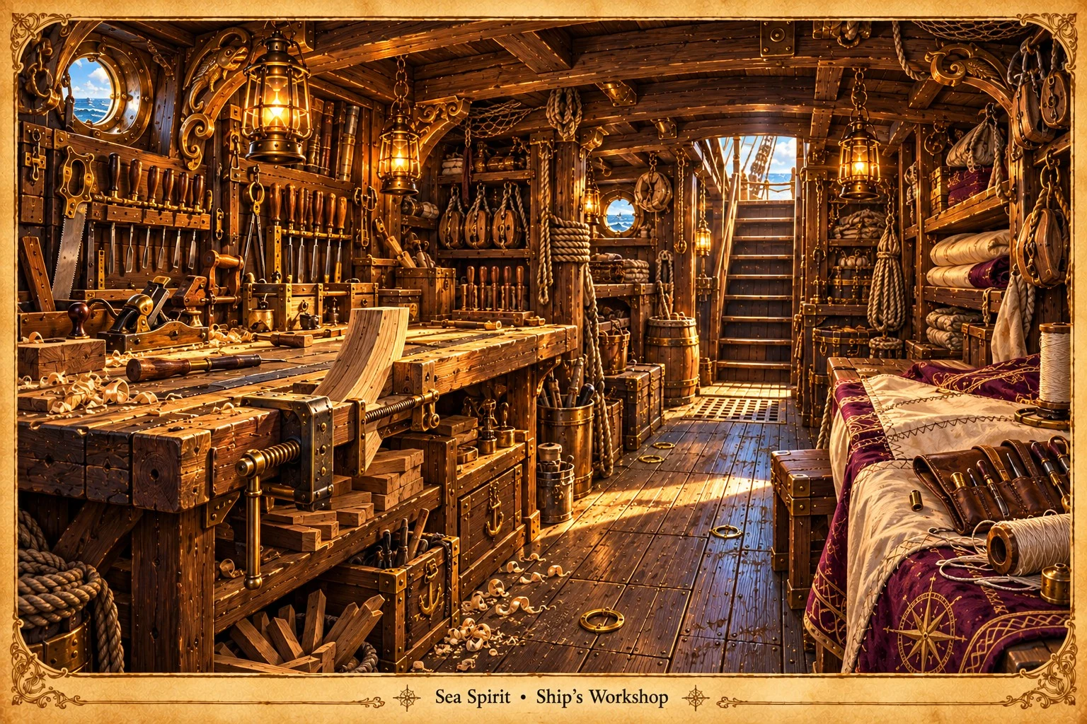 The Sea Spirit’s shipboard workshop, with a wooden workbench, hand tools, rope, lumber, and storage shelves.