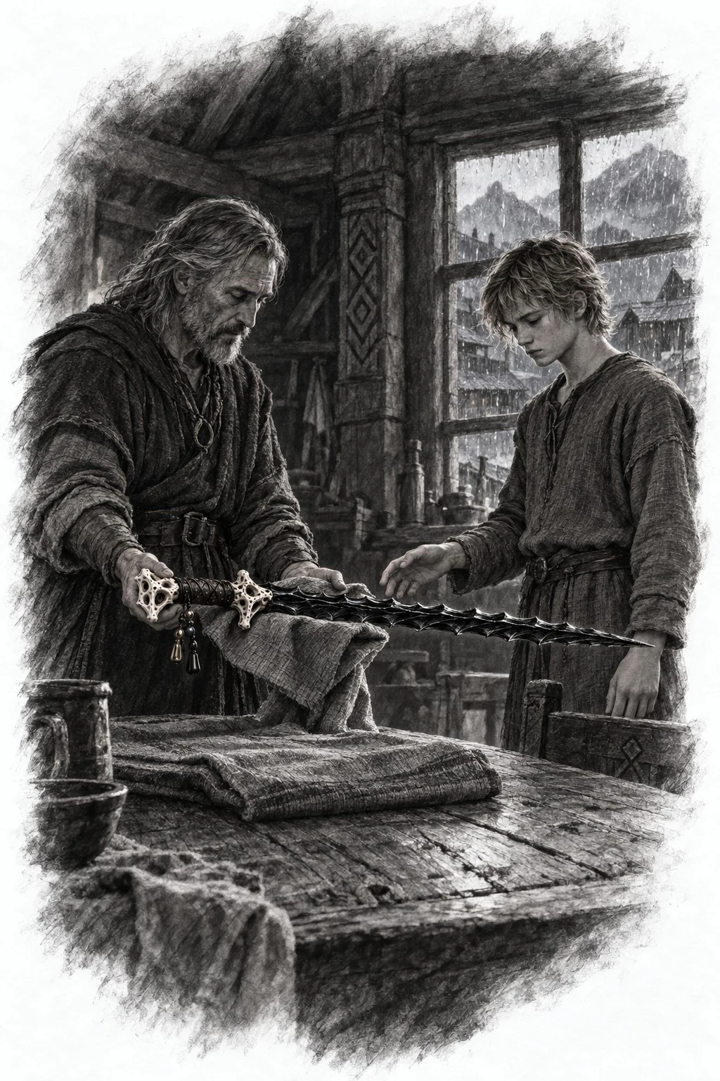 Monochrome sketch of an older craftsperson and a young apprentice working on a decorated sword.