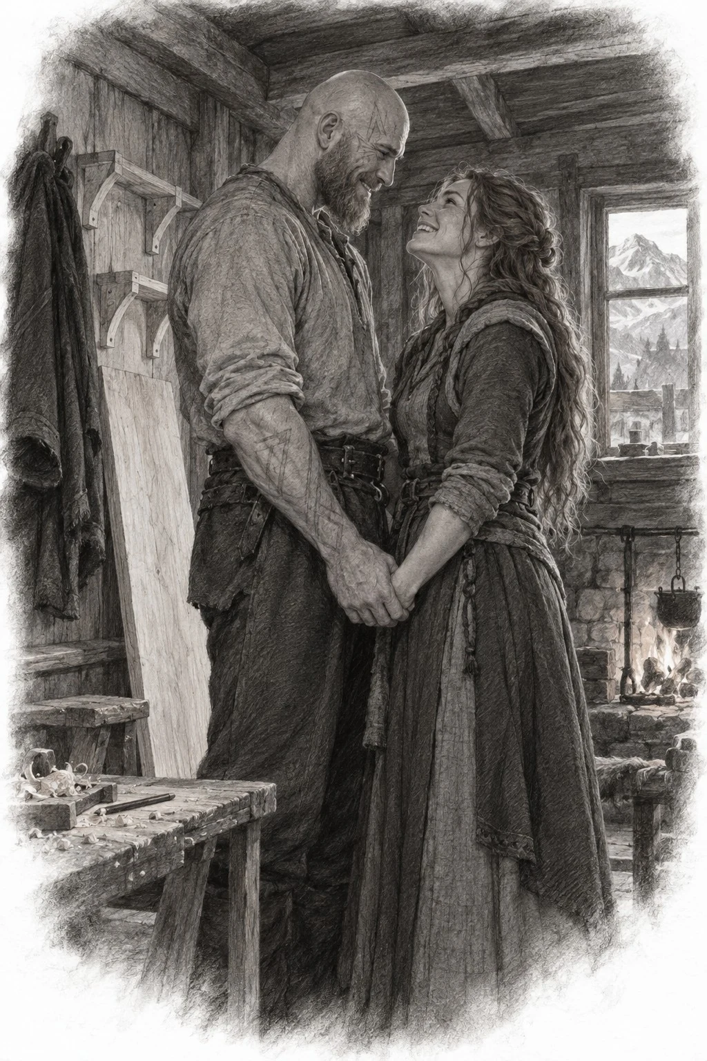 Monochrome sketch of two people holding hands inside a timber home with a mountain view through the window.