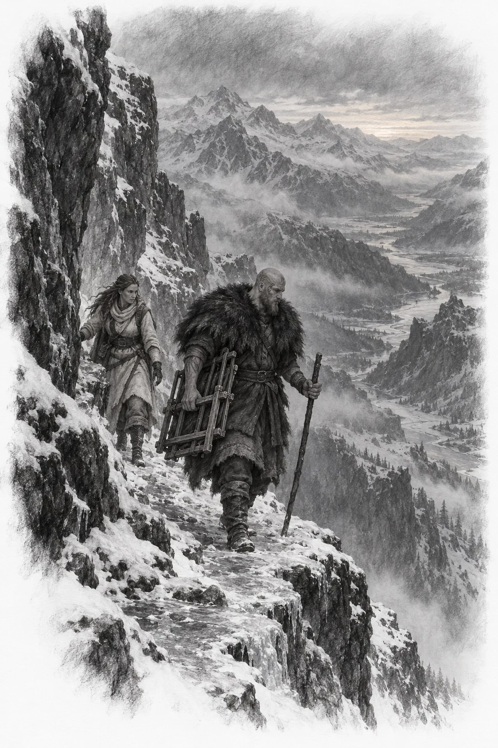 Monochrome sketch of a traveler following a narrow cliff path above a vast mountain valley.