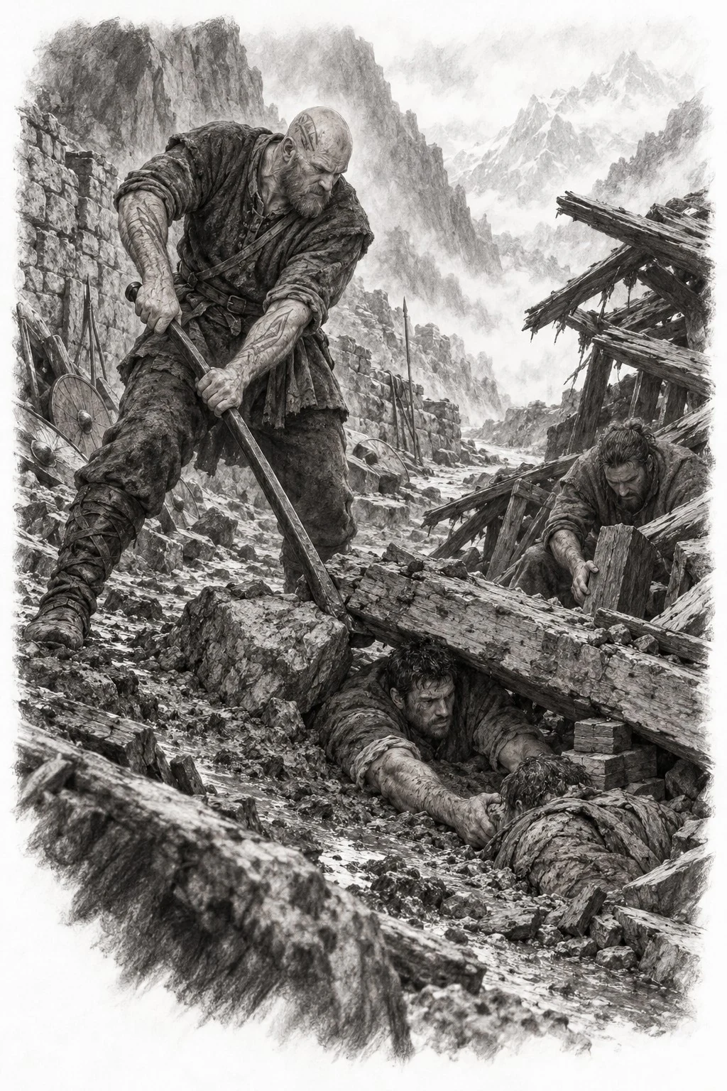 Monochrome sketch of a traveler working among broken timbers and overgrown ruins in a mountain landscape.