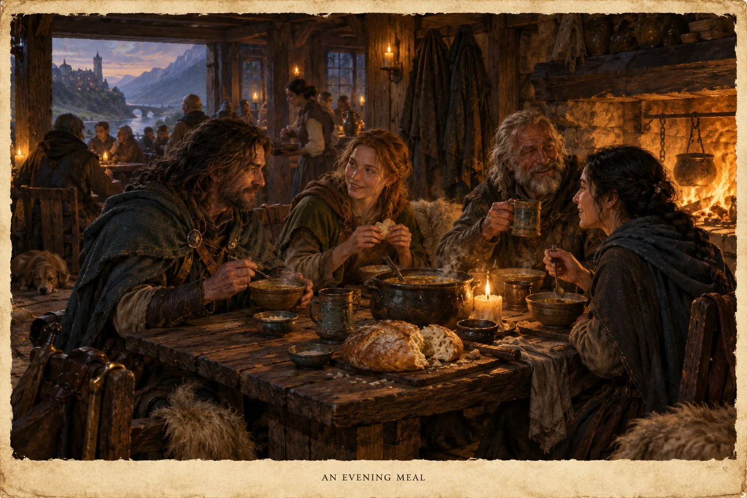 Three companions share food and conversation around a table in a warmly lit room.