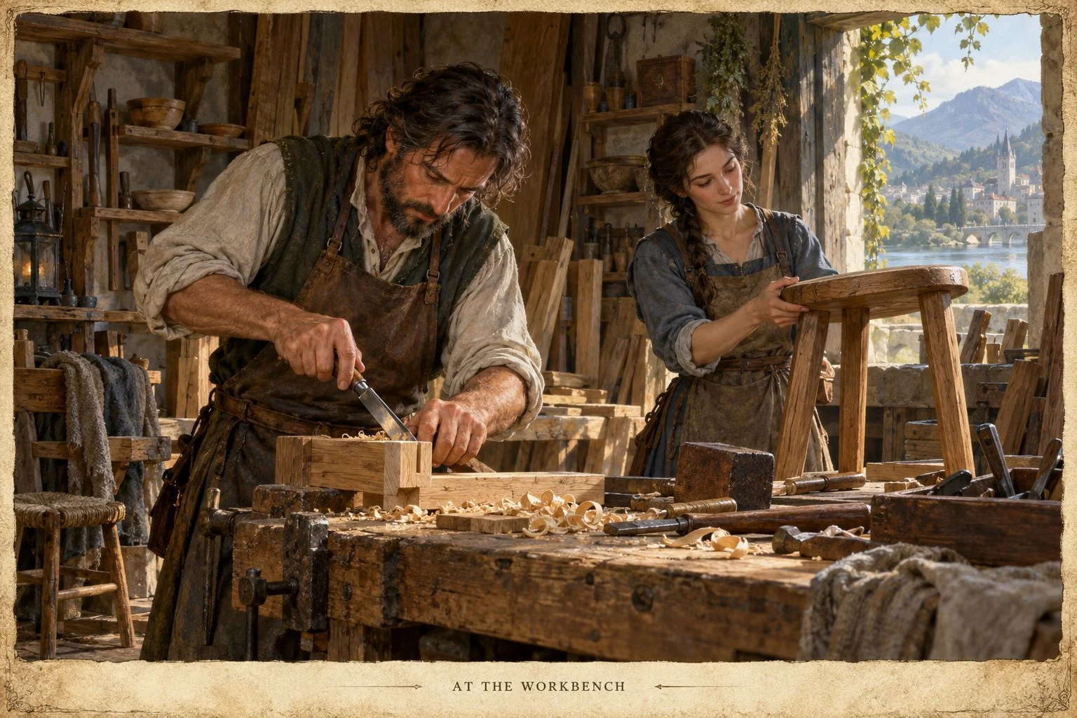 A craftsman and a younger companion work with wood and hand tools in a sunlit workshop.