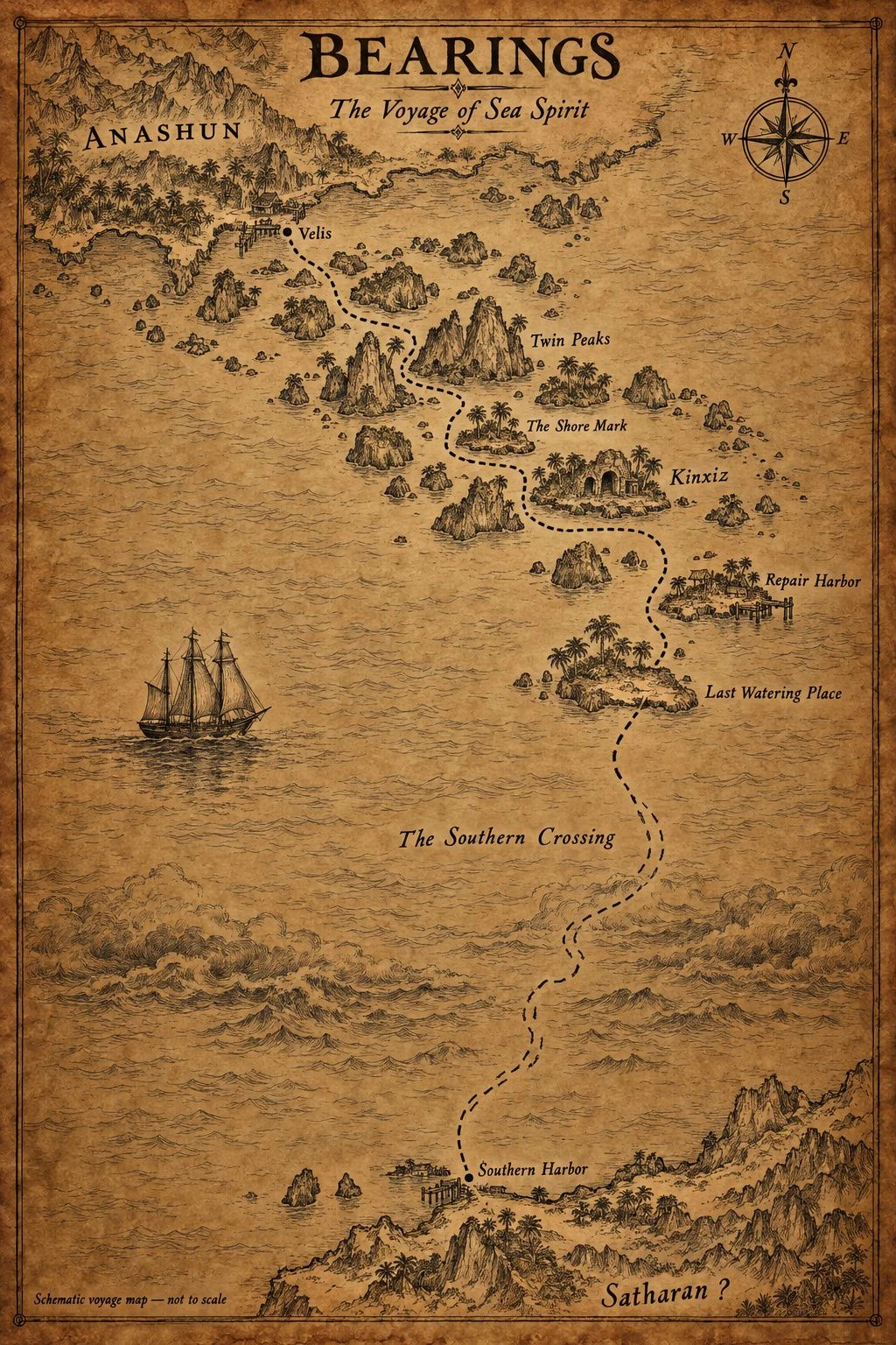 Sepia illustration from Bearings. A parchment map of Bearings showing islands, coastlines, a compass rose, and a sailing ship.