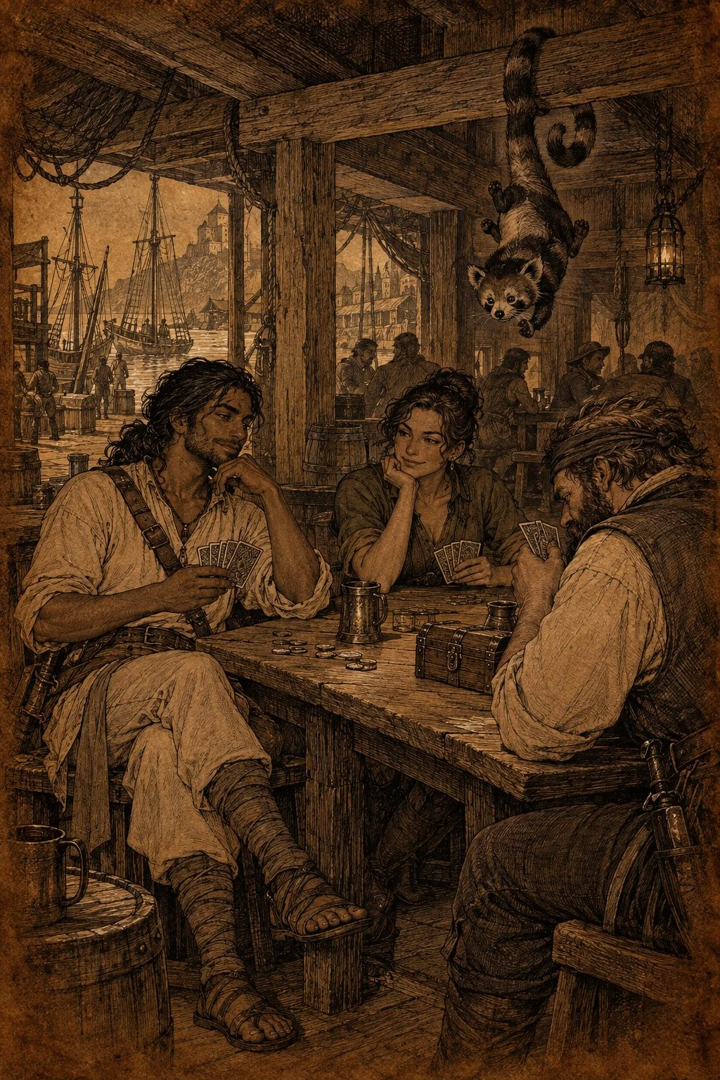 Sepia illustration from Bearings. Three companions gather around a table in a timber-framed tavern.