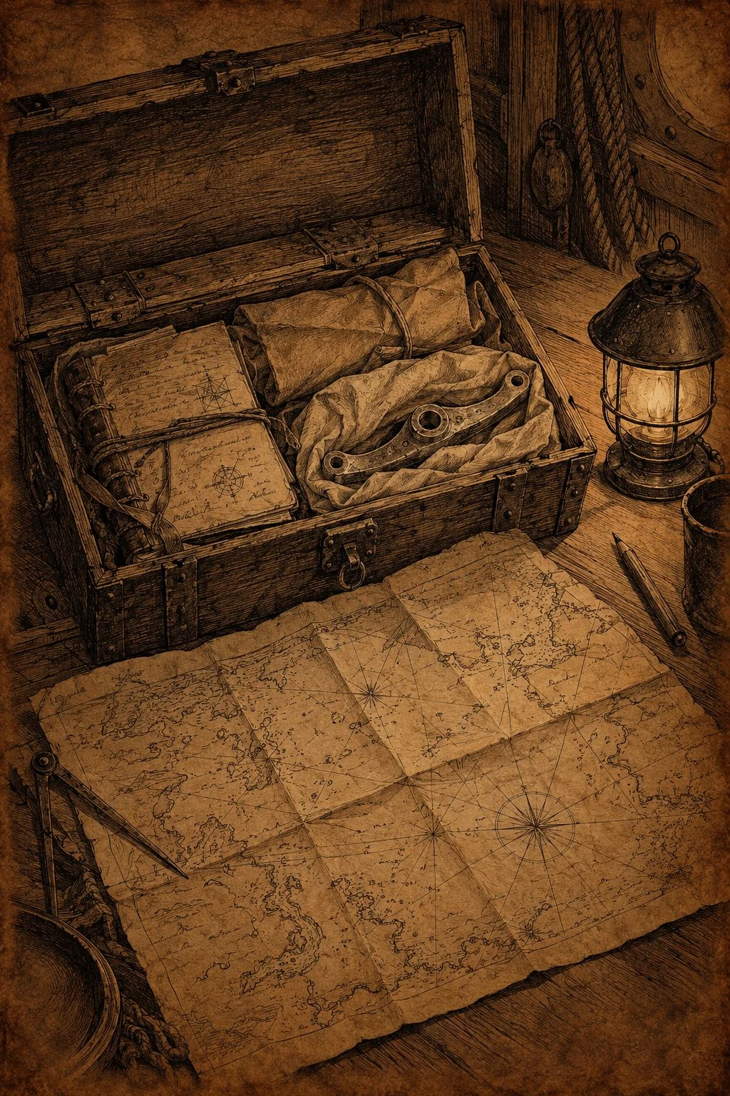 Sepia illustration from Bearings. An open travel chest, a lantern, and rolled papers rest above a spread-out map.