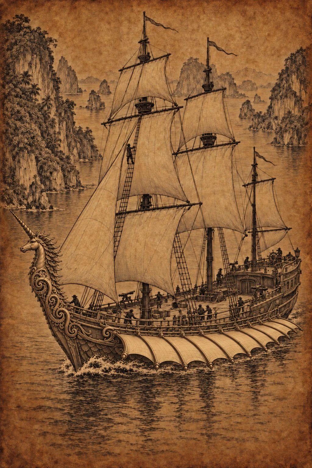 Sepia illustration from Bearings. A decorated sailing ship with a carved figurehead passes between rocky cliffs.