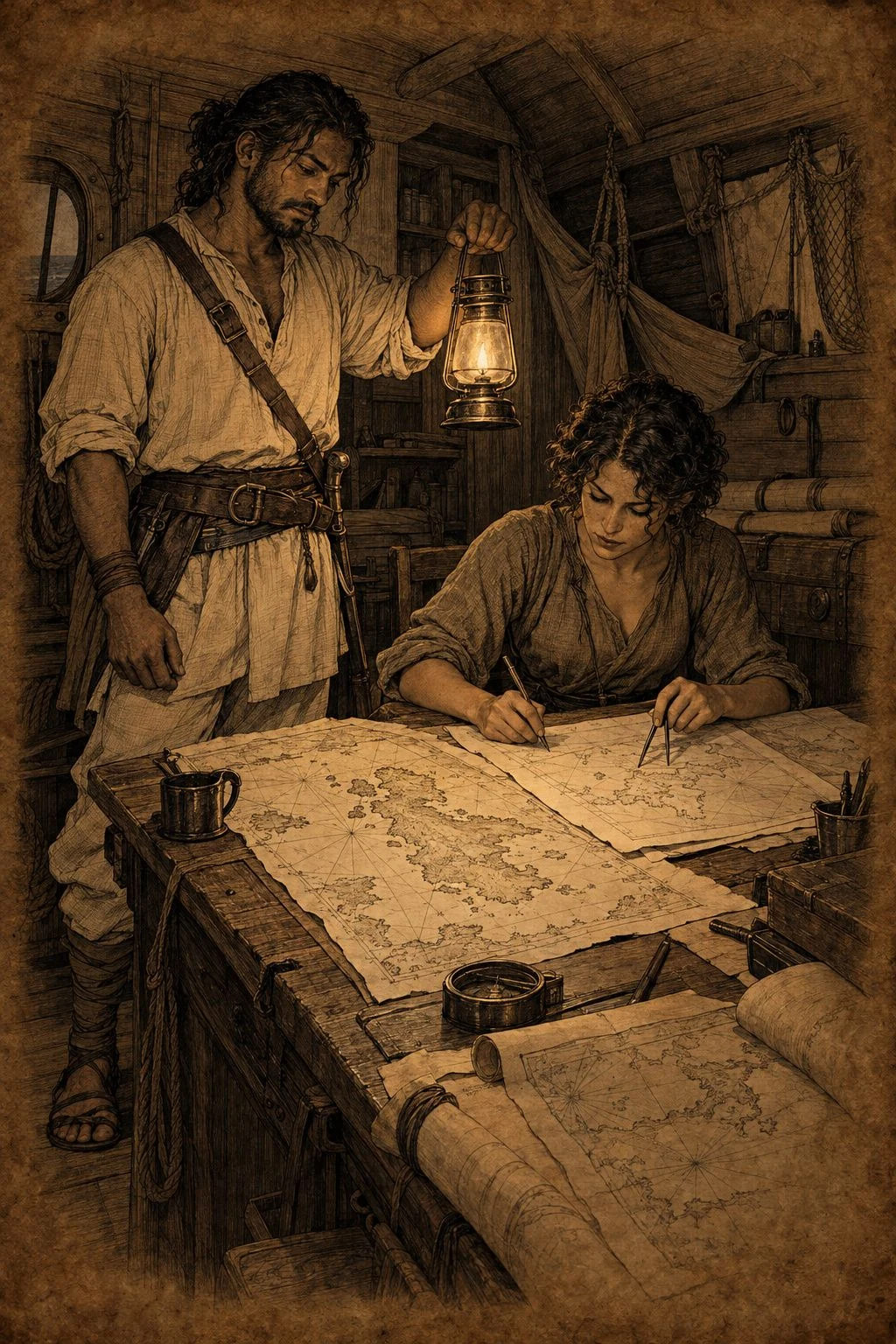 Sepia illustration from Bearings. Two travelers study a large map by lantern light in a wooden cabin.
