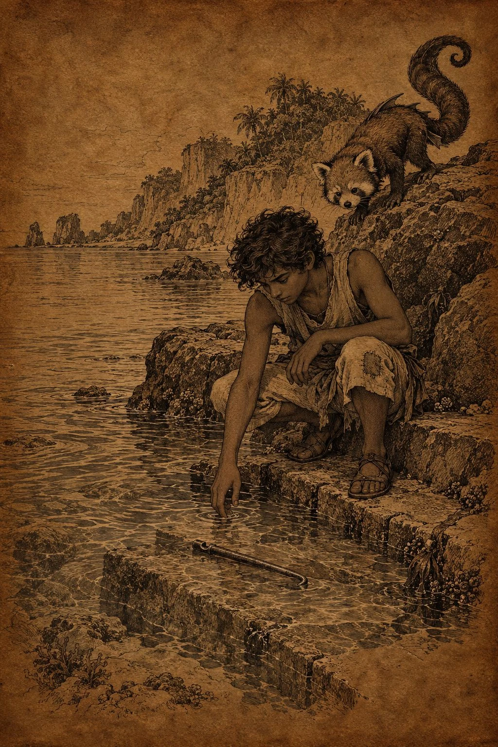 Sepia illustration from Bearings. Two companions examine the rocky shore beneath a curling dragon-like carving.