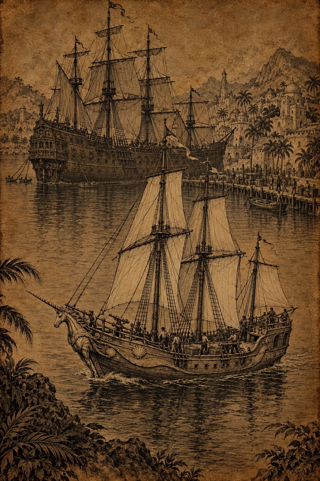 Sepia illustration from Bearings. A small sailing vessel approaches a larger ship near a wooded harbor.