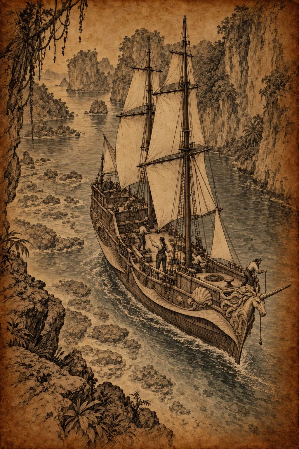 Sepia illustration from Bearings. A sailing ship navigates a narrow waterway between forested cliffs.